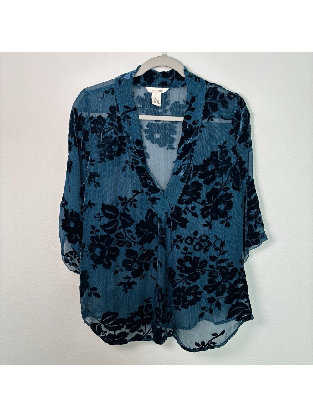 Sundance Silk Blend Teal Blouse Velvet Burnout Size L Whimsical Boho Flowy EUC